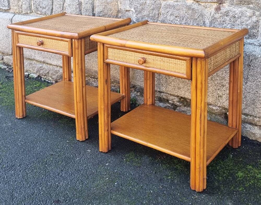 Pair of Maugrion bedside tables for Roche Bobois, bamboo, rattan 70s