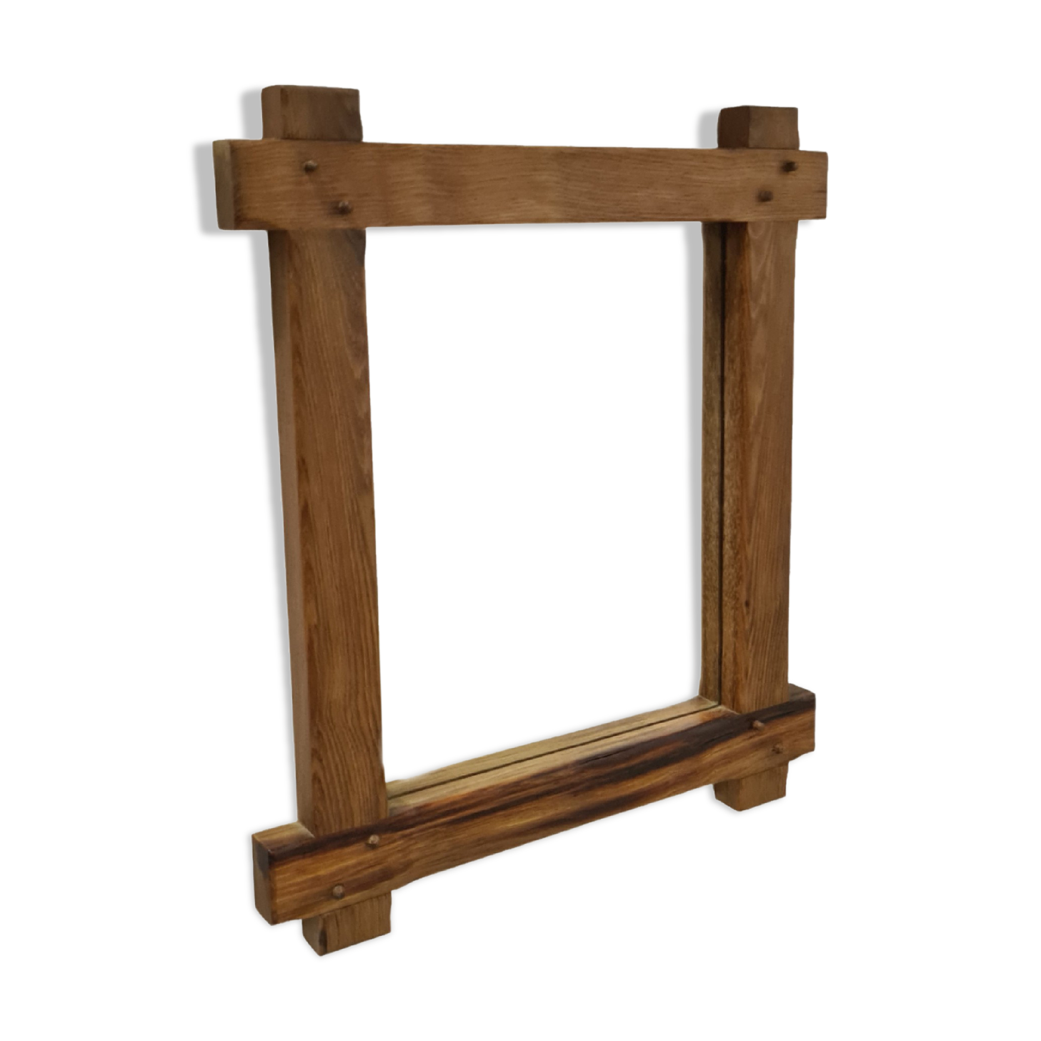 Miroir mural brutaliste en chêne massif Belgique années 1970 60x70cm