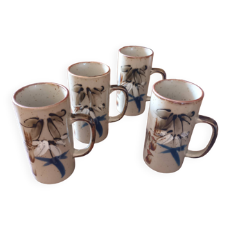 4 Sandstone mugs with bamboo decor