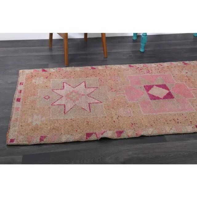 Vintage Turkish Hand-Knotted Wool Cotton Pink Runner Rug 102x300