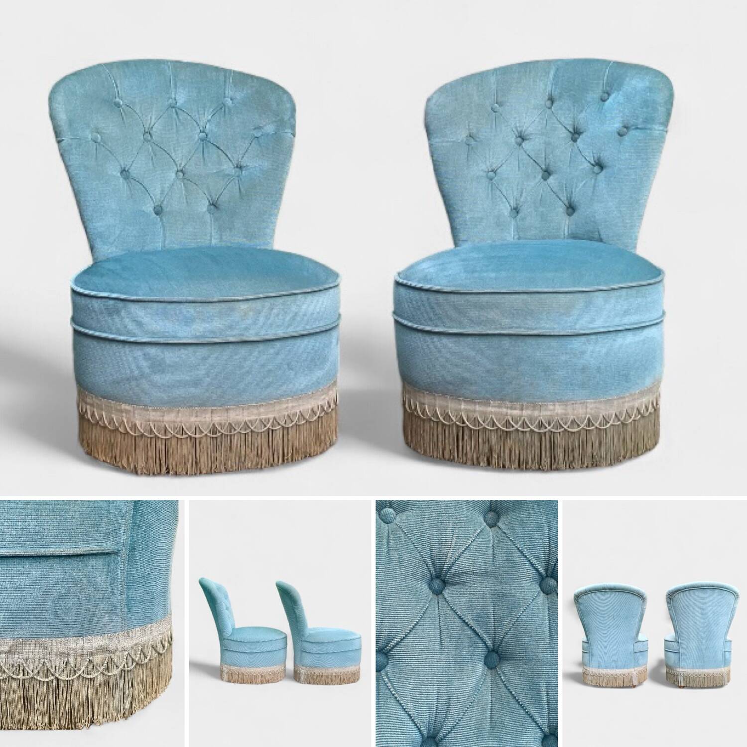 Pair of vintage blue velvet upholstered toad armchairs from the 1970s