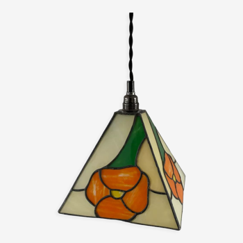 Vintage pendant lamp in stained glass with flowers