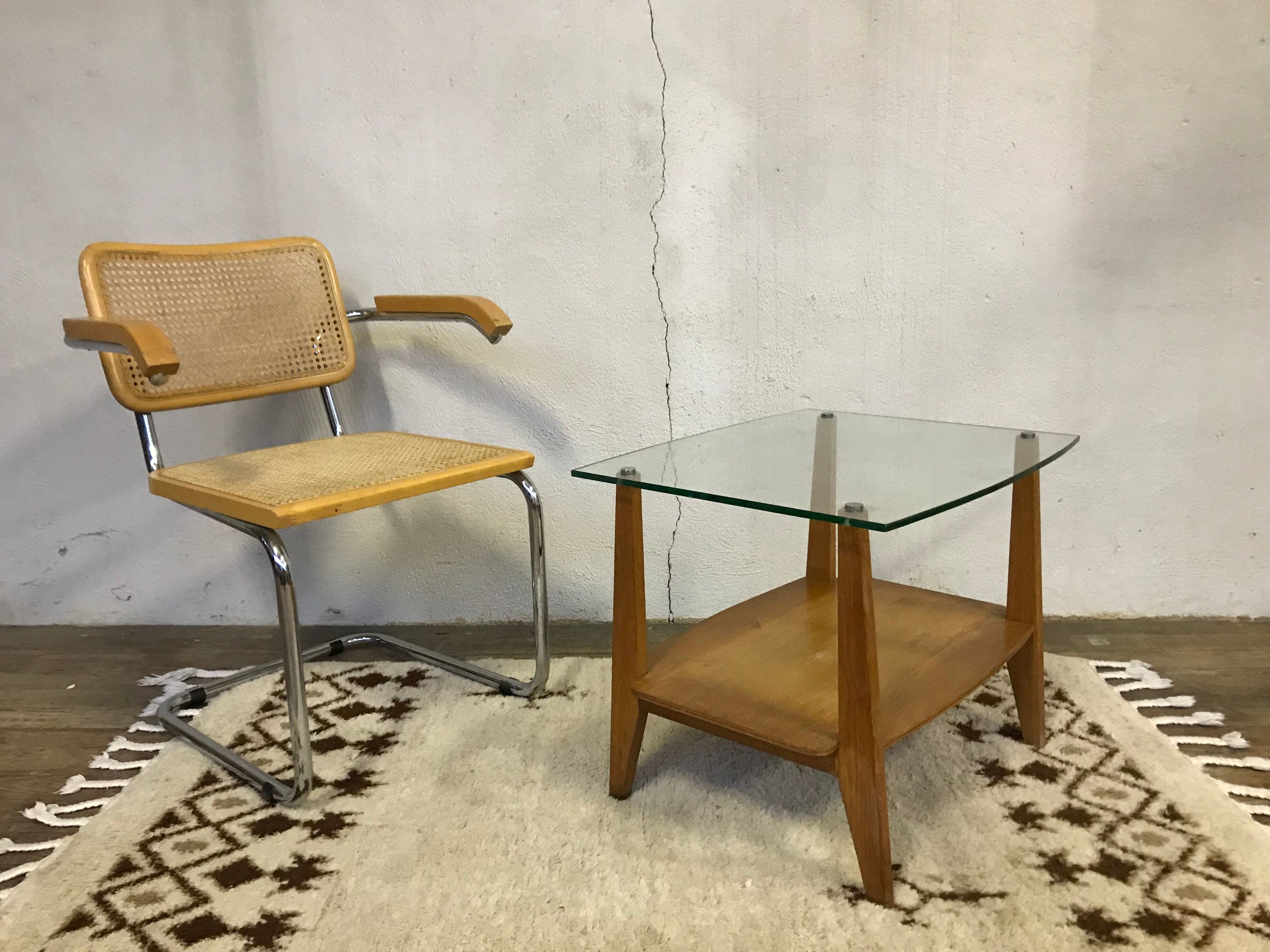 Glass coffee table with oak triangle shape 1950 1960 vintage modernist