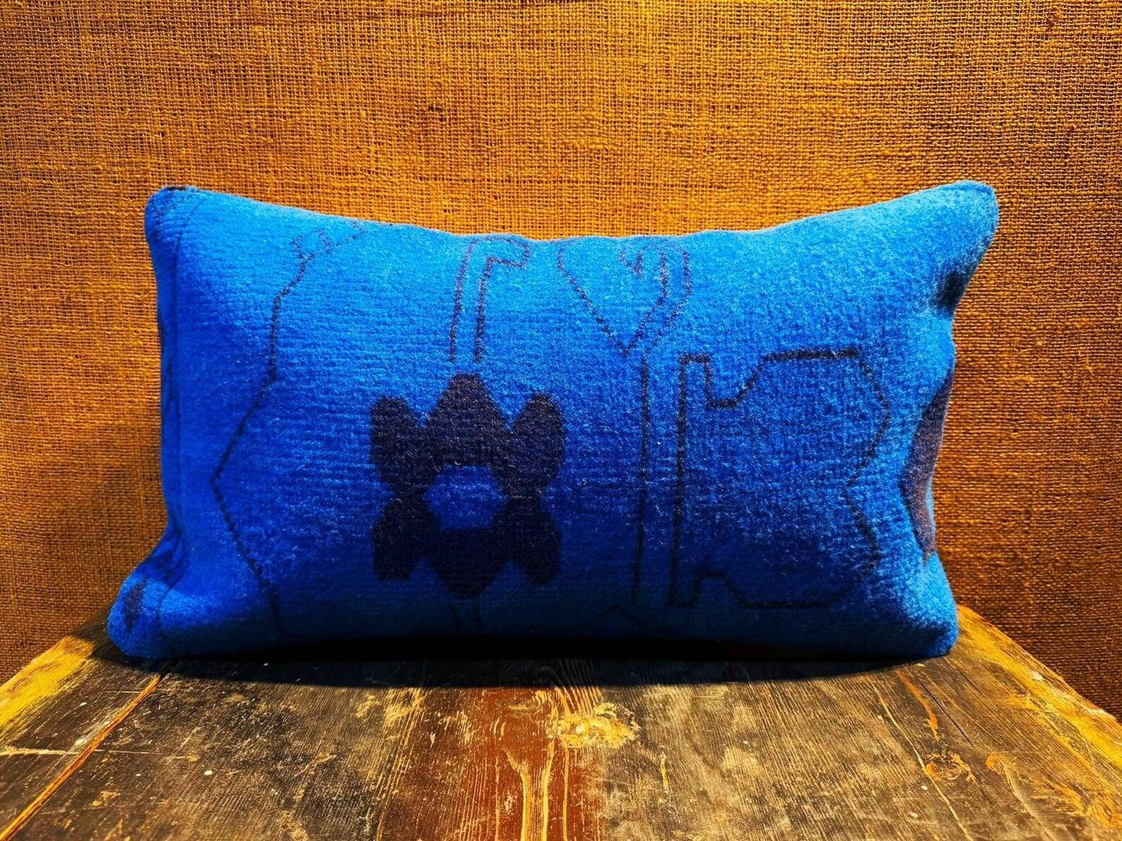 Vintage Wool Lumbar Pillow, Geometric Tribal Navy Cushion 12x20