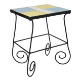 Vintage side table, wrought iron & ceramic tiles, 1950s design.
