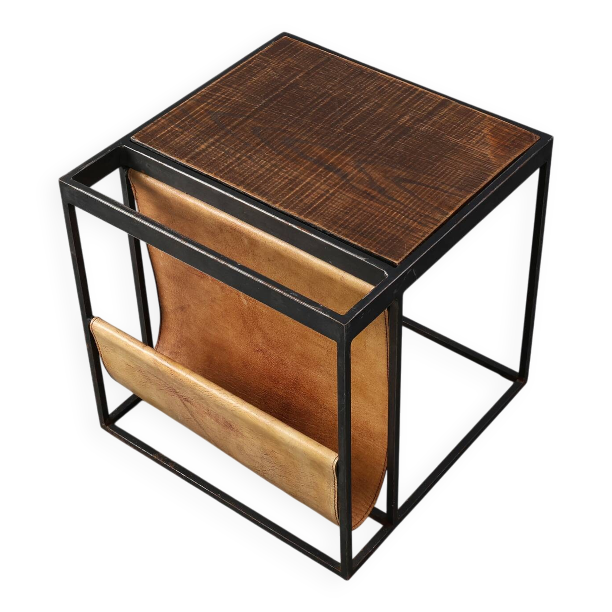 Mid-Century Magazine Holder in Metal, Wood and Leather, Belgium 1960s