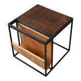 Mid-Century Magazine Holder in Metal, Wood and Leather, Belgium 1960s