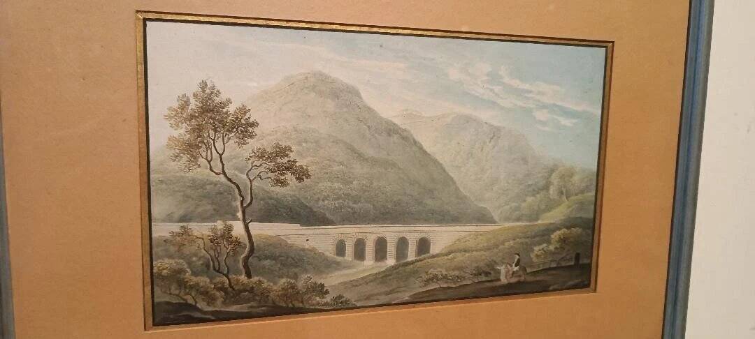 19th Century Watercolour on Paper – Landscape with Aqueduct and Bridge