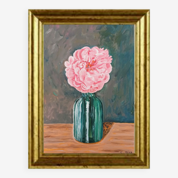 Peony with green vase, art print.