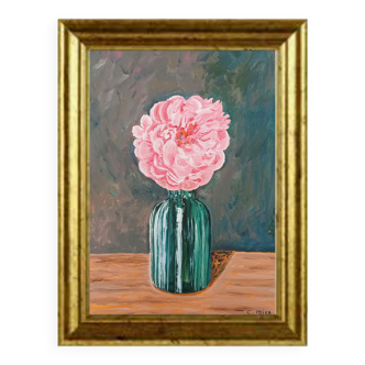 Peony with green vase, art print.