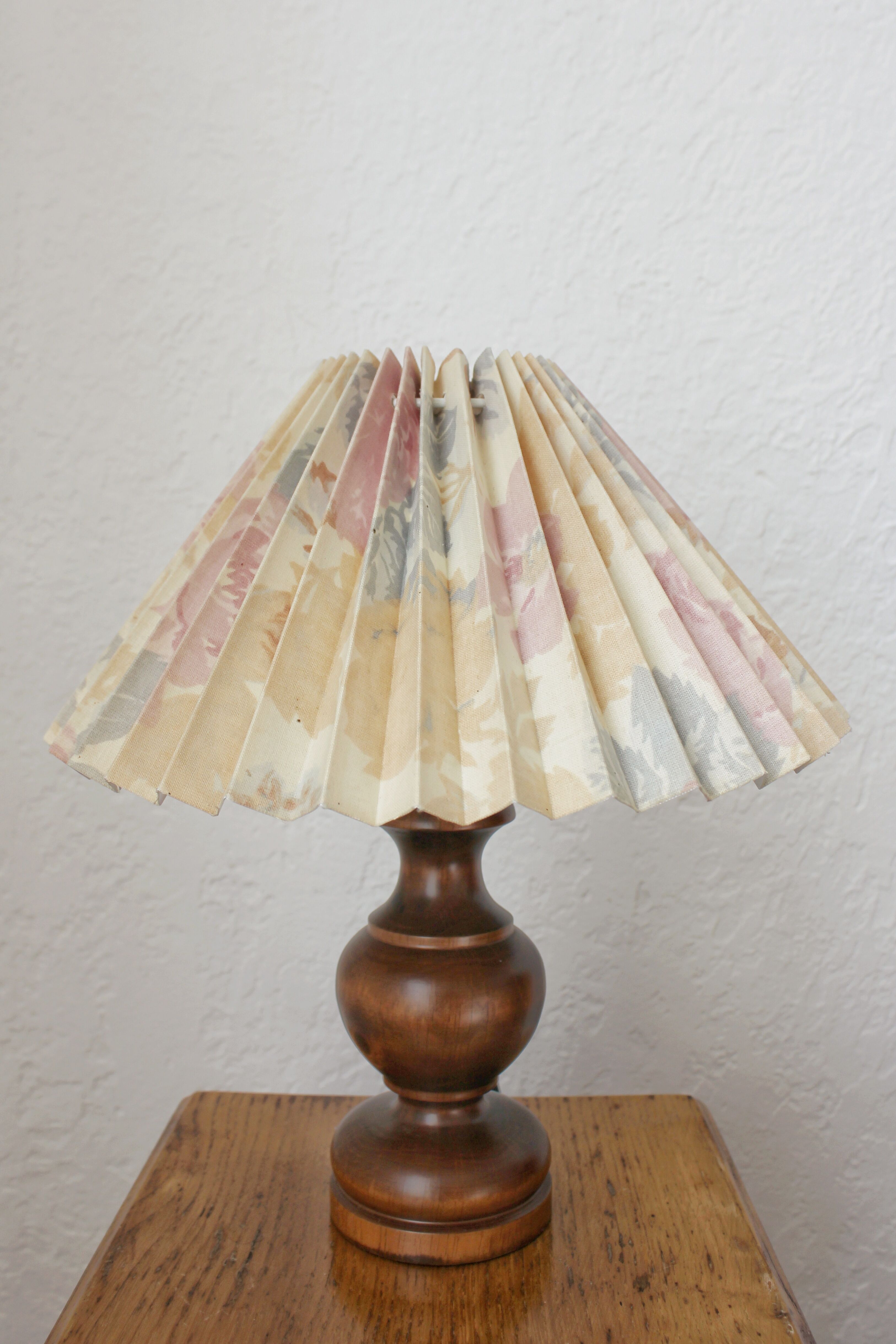 Wooden table lamp with vintage floral pleated lampshade
