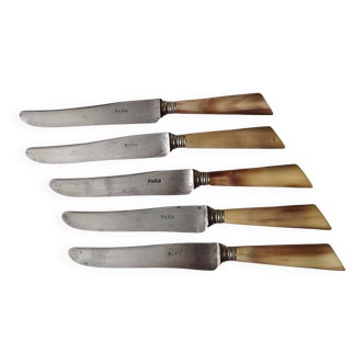 Lot de 5 couteaux « Paris » manche en corne et virole en argent.