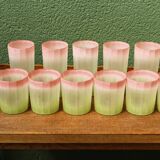 Set of 11 Italian frosted glasses, green and pink, Bormioli