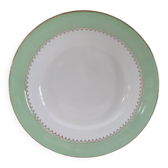 Round hollow plate in water green with a golden frieze, Cafés Lemaire.