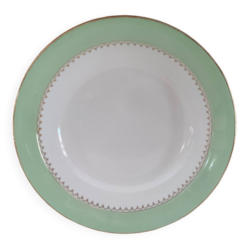 Round hollow plate in water green with a golden frieze, Cafés Lemaire.