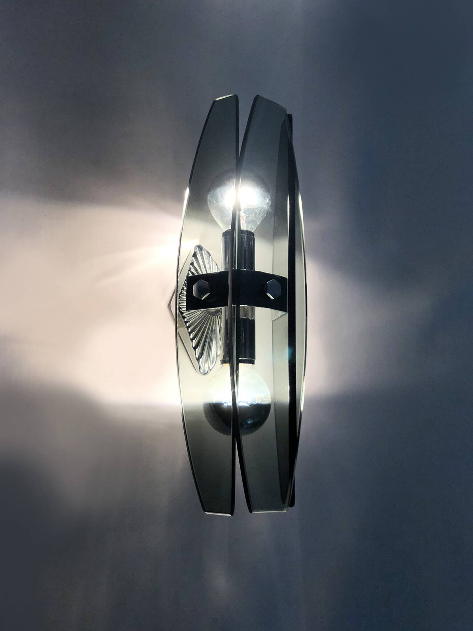 Pair of Italian wall lights Veca Fontana Arte in smoked glass and chrome.