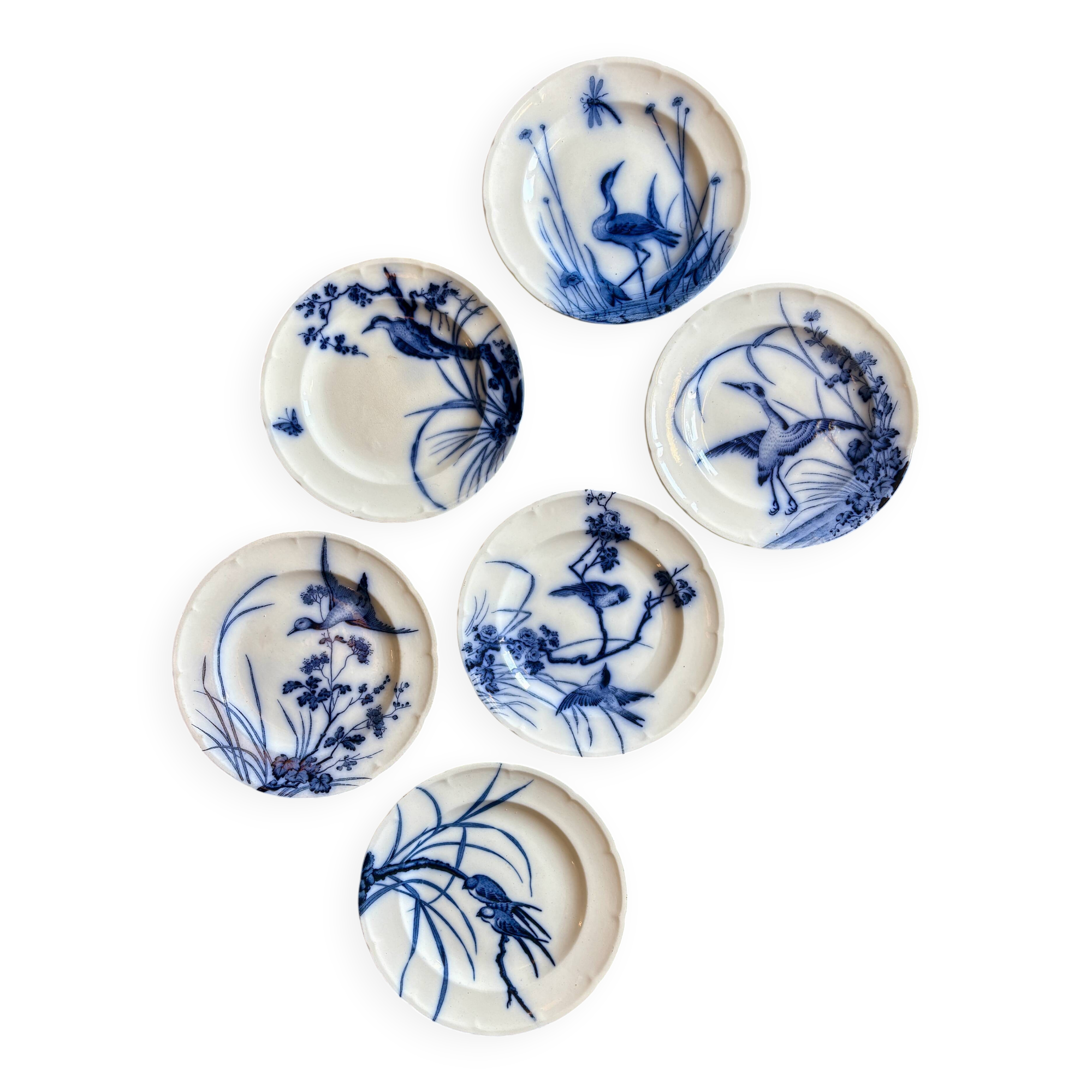 Set of 6 flat ironstone plates - Japanese Model 2 from Longwy