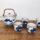 teapot and 4 cups in glazed stoneware - hand-painted blue décor
