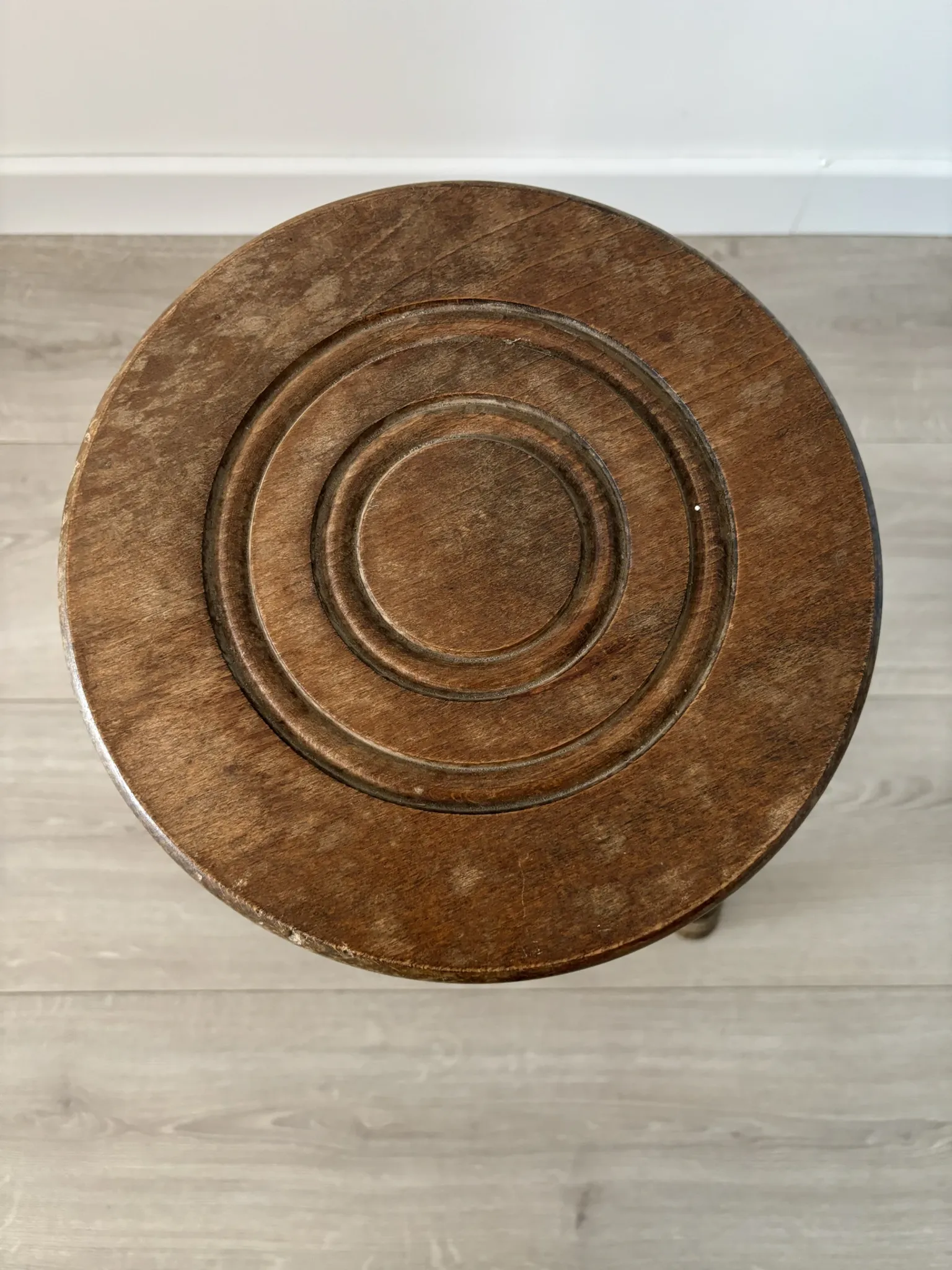 Antique tripod stool, solid wood, turned wood.