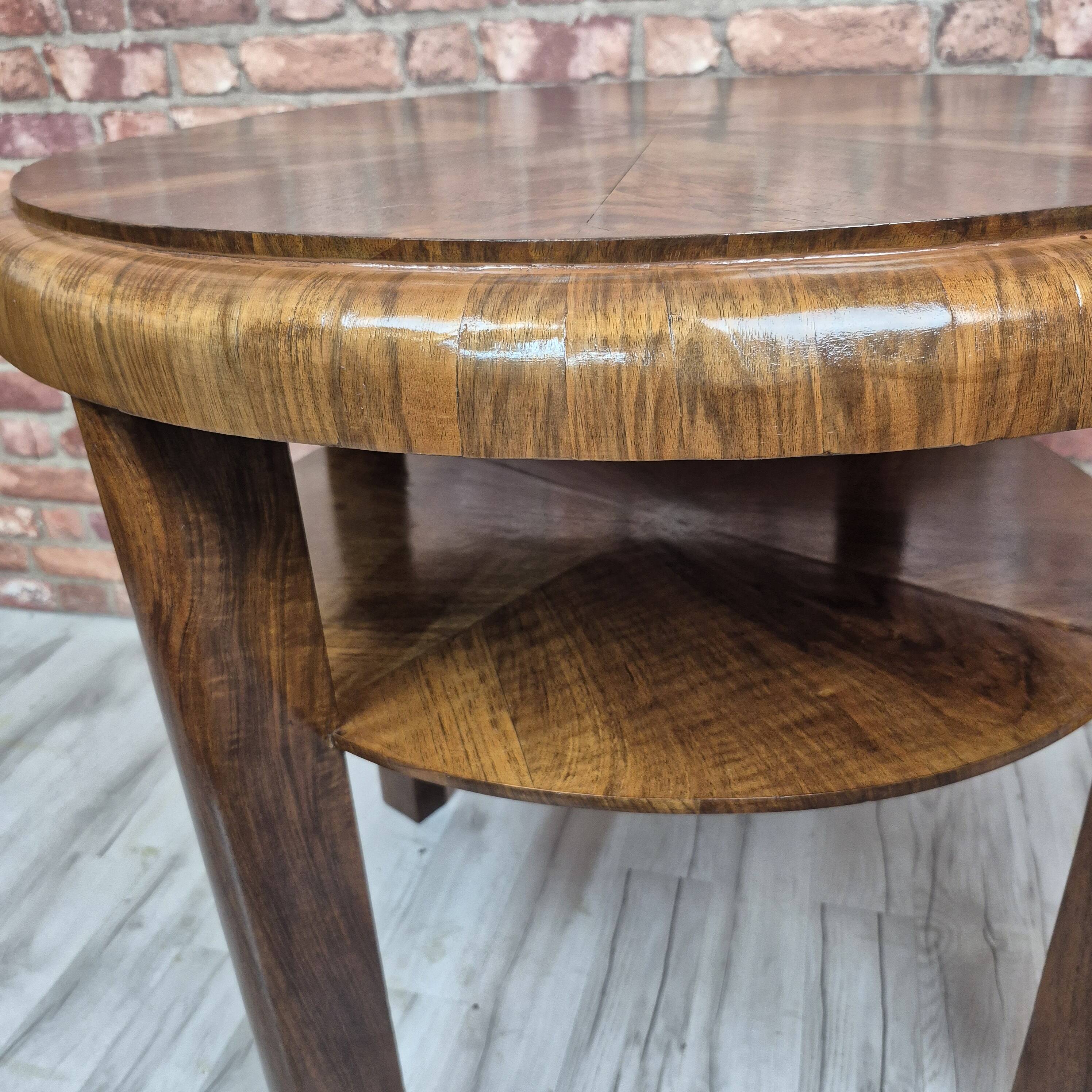 Restored Art Deco Walnut Burl Two-Tier Sunburst Table 1930s