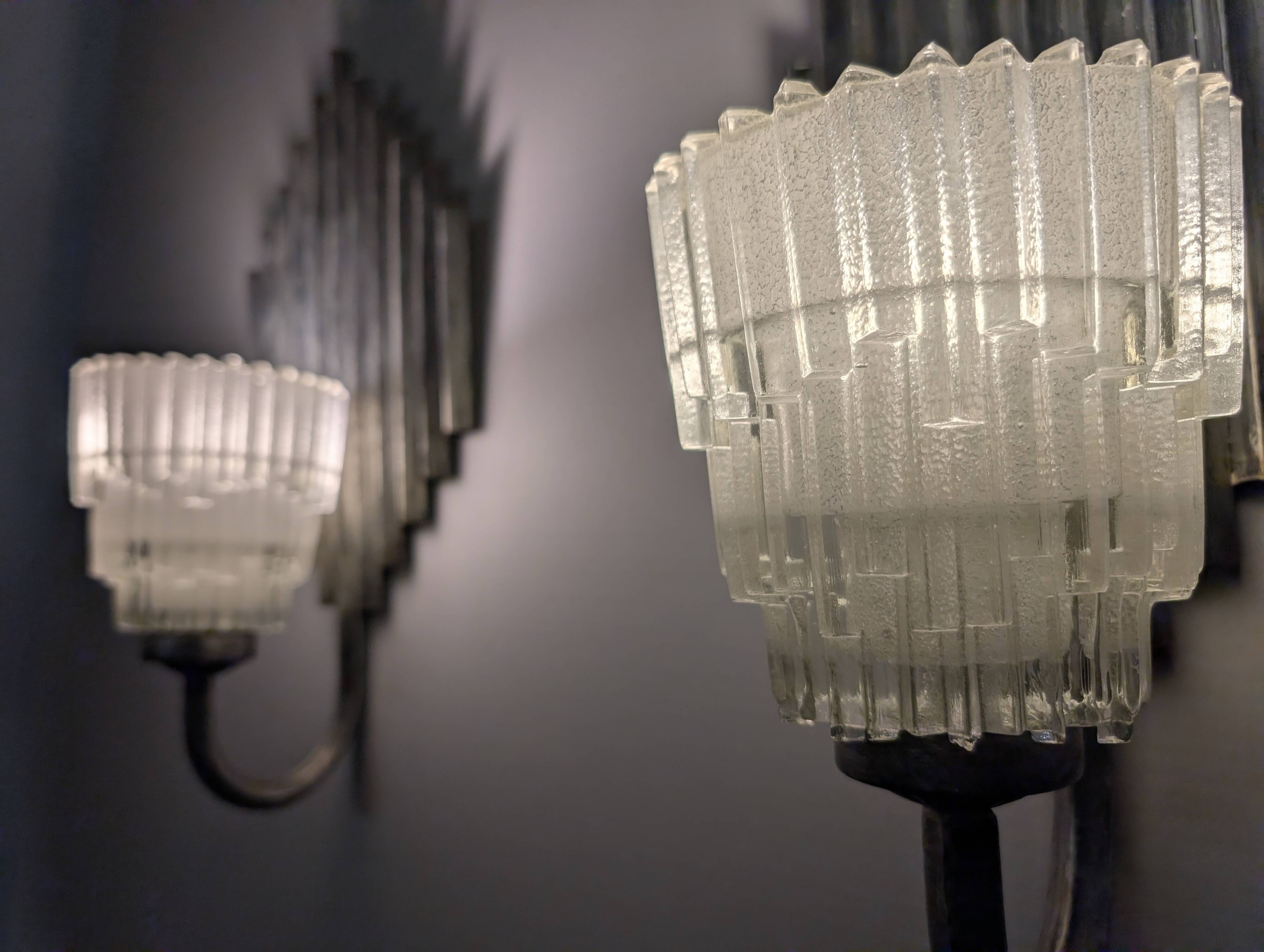 Pair of Ferro Art Iron and Glass Wall Sconces Art Deco Style 1970s