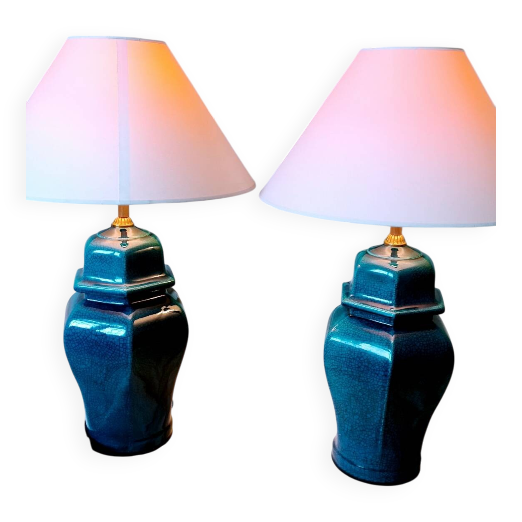 2 blue crackle ceramic desk lamp bases, 1950s