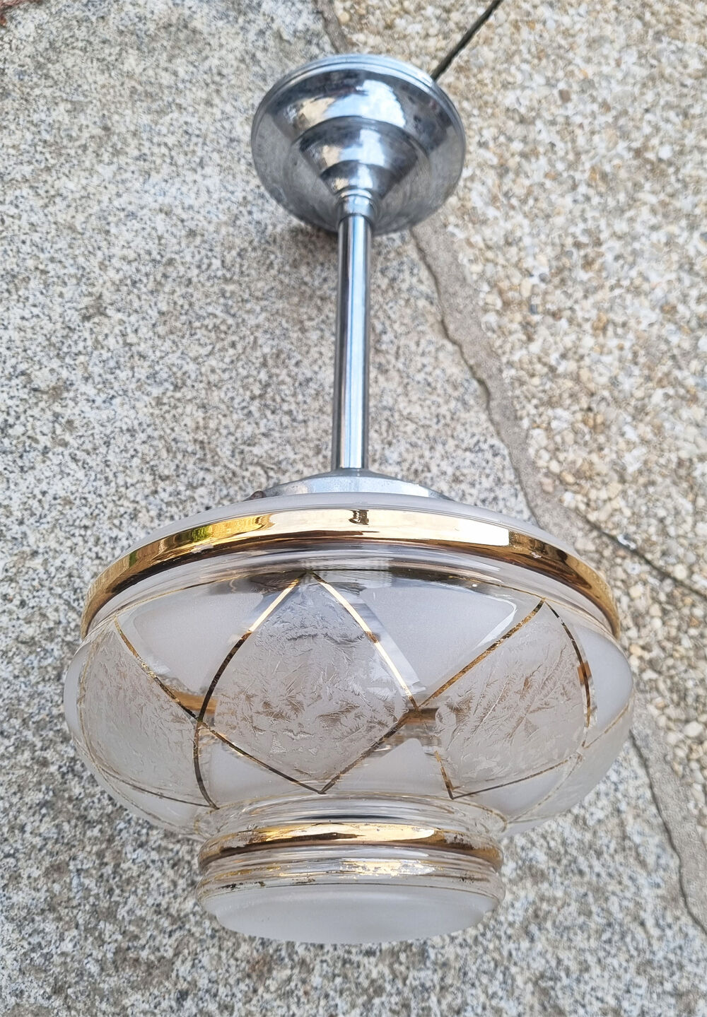 ceiling lamp, aluminum and chiseled glass, vintage, 50s