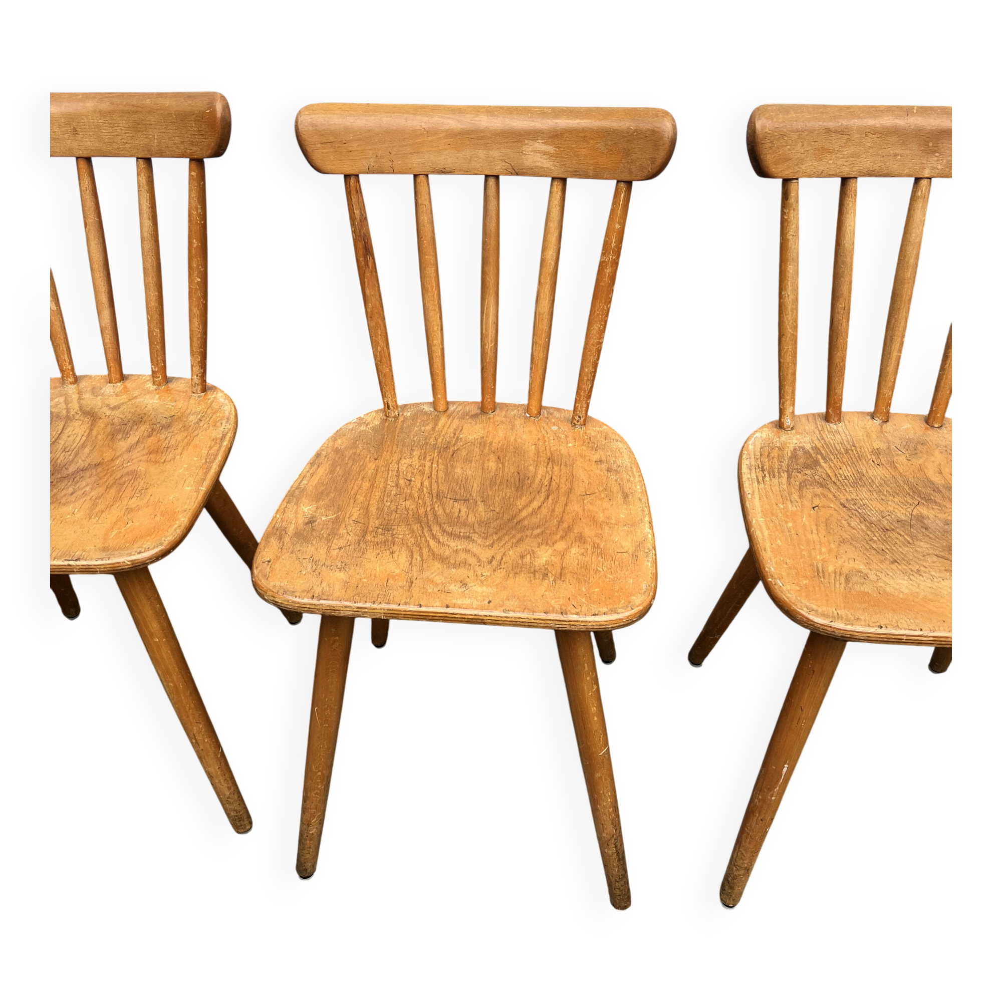 Set of 8 vintage bistro chairs – Warm stained wood – Compass legs
