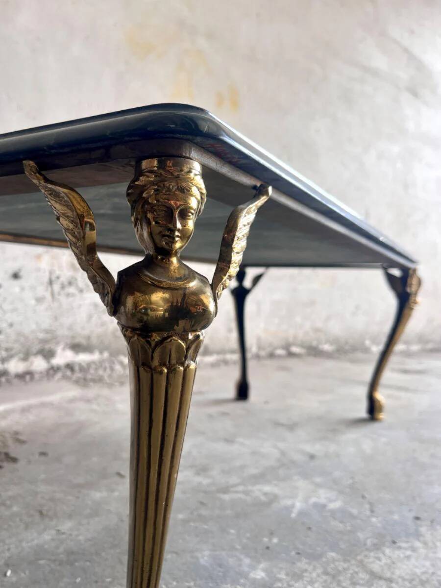 Vintage Dark Green Marble Coffee Table with Gilded Metal Ornate Legs, Mid-Century