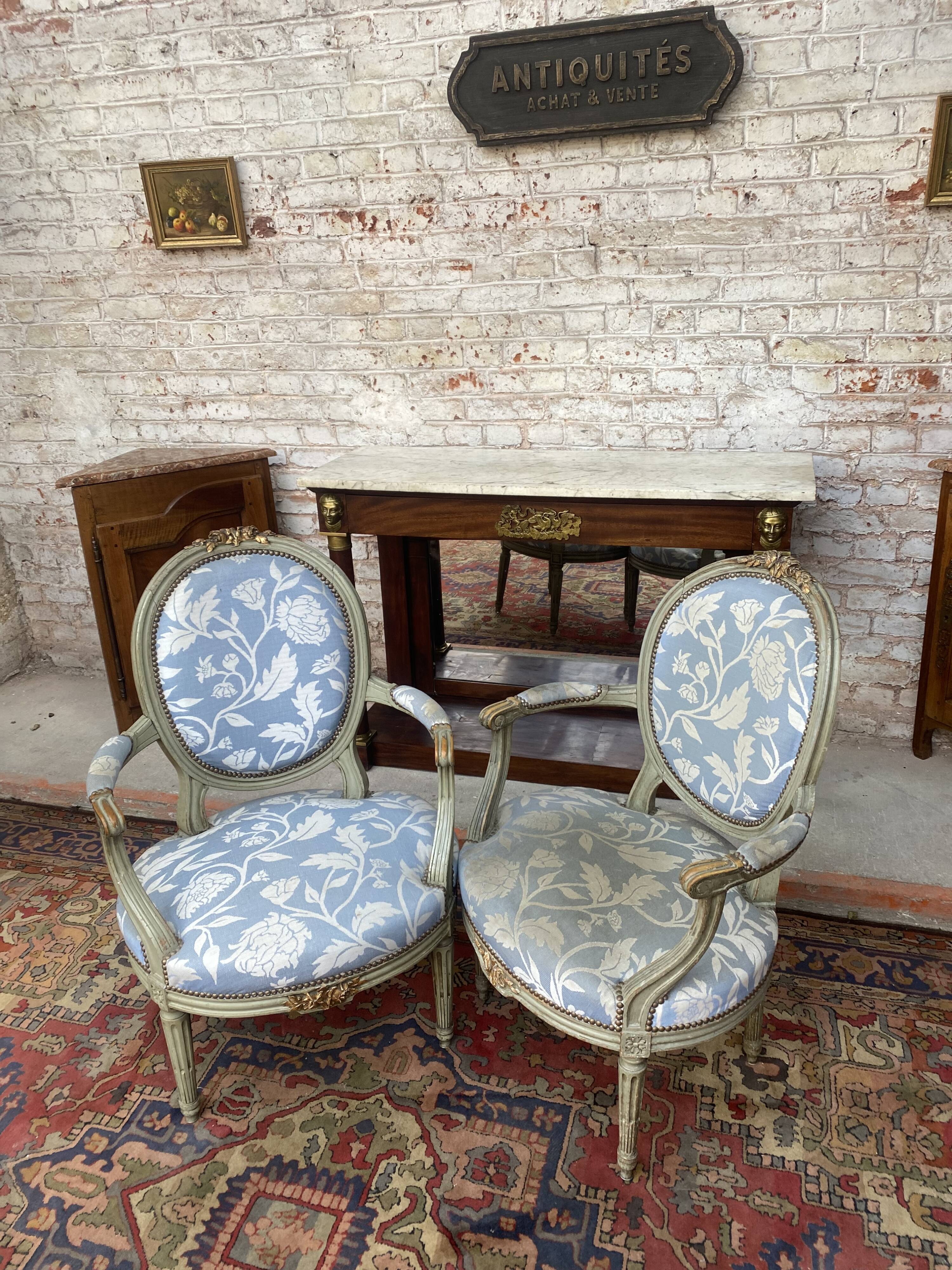 Pair of armchairs medallion in lacquered wood style louis xvi xix eme century