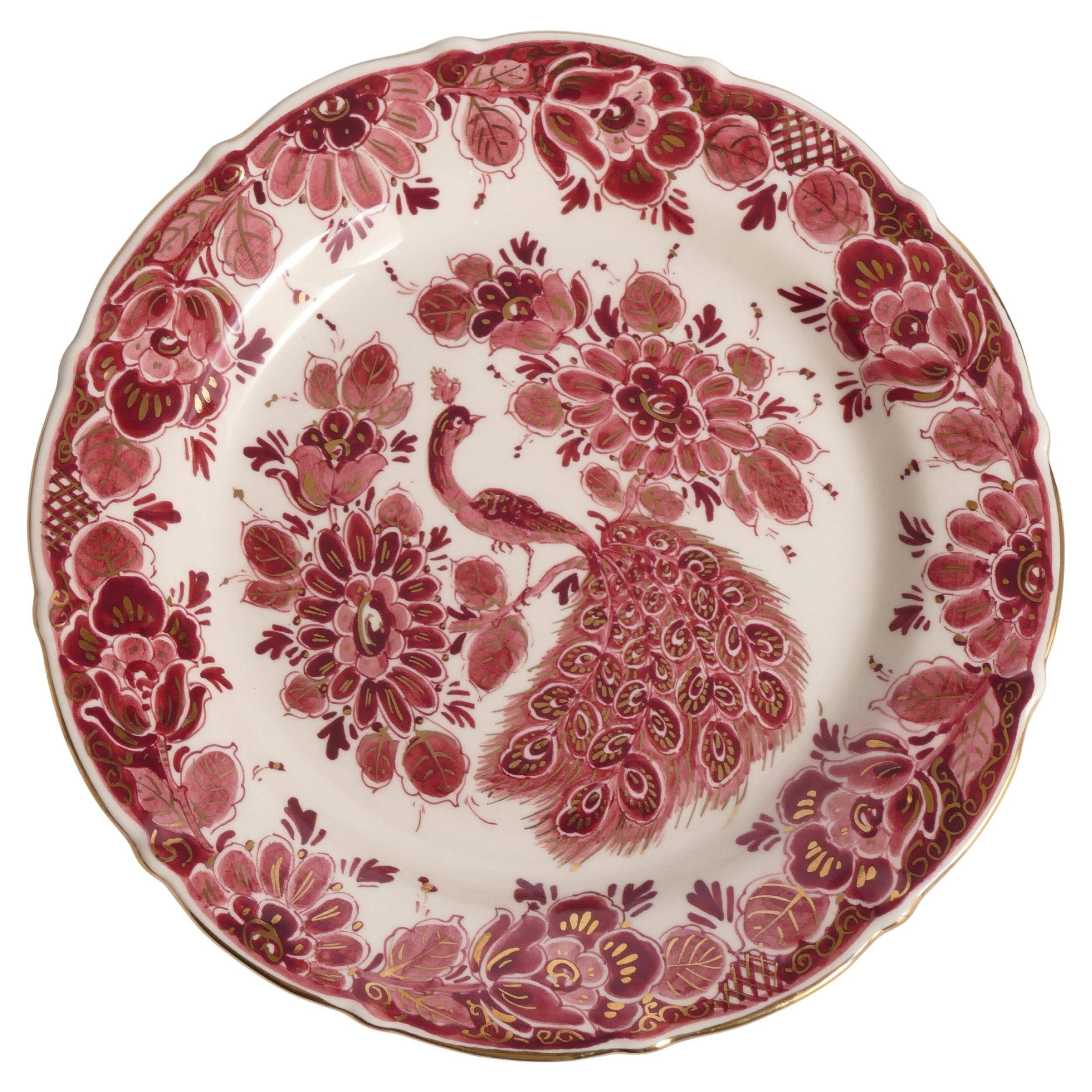 Regina Gouda Delft Hand-Painted Plate Red Peacock & Floral Motif Holland, 1950s