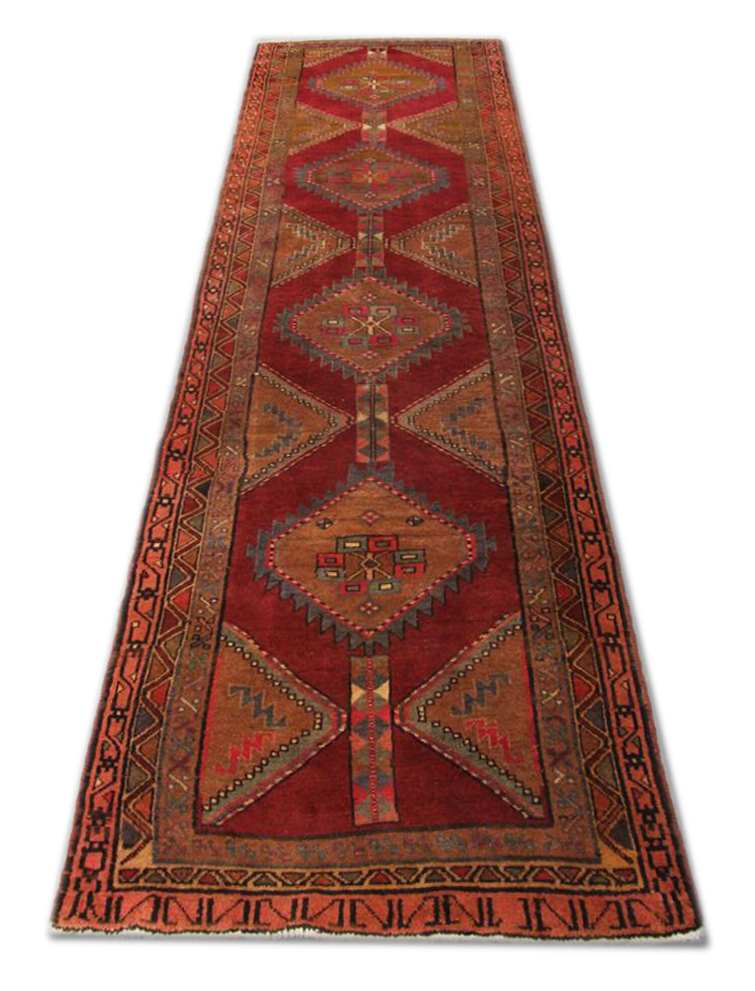 Vintage red persian runner rug long traditional handwoven oriental wool carpet 110x385cm