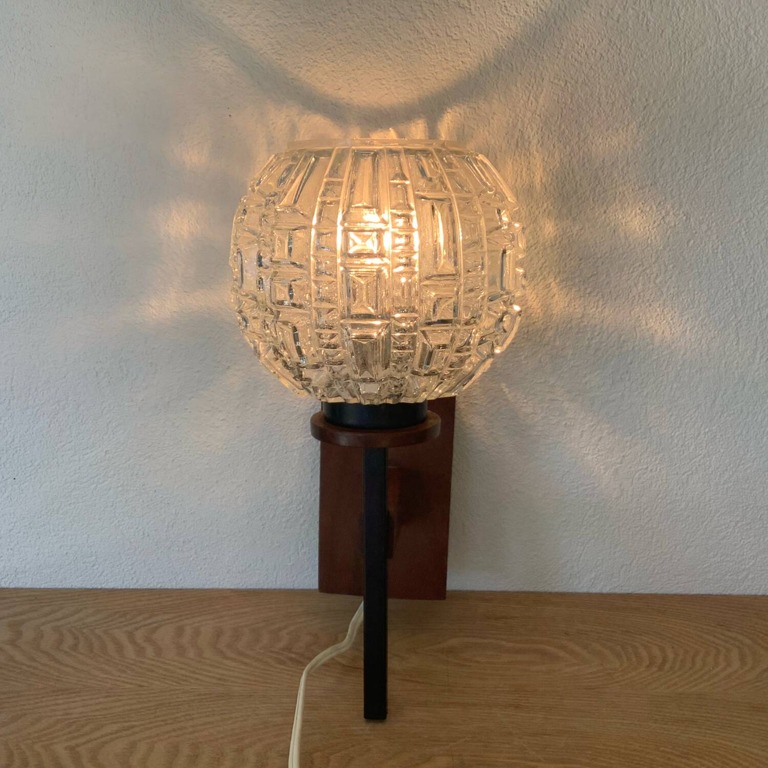 Vintage scandinavian wall lamp wood glass 1970s
