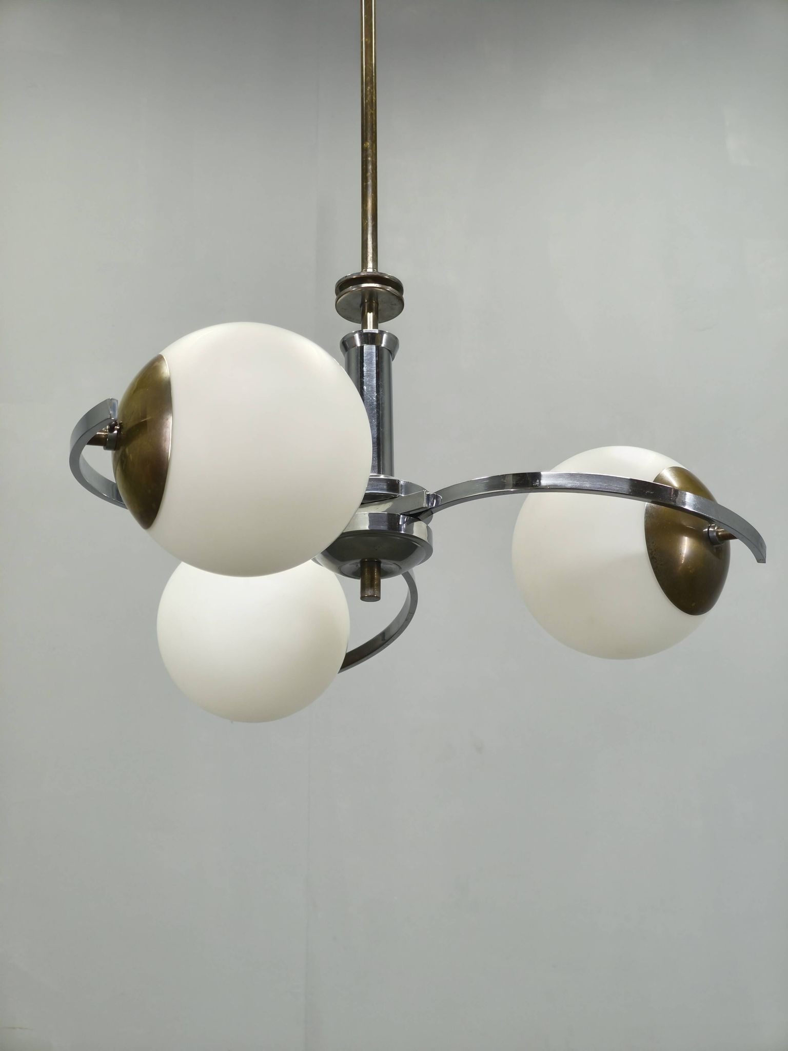 Czech Art Deco Chrome and Opaline Glass Chandelier, 1930s