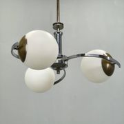 Czech Art Deco Chrome and Opaline Glass Chandelier, 1930s