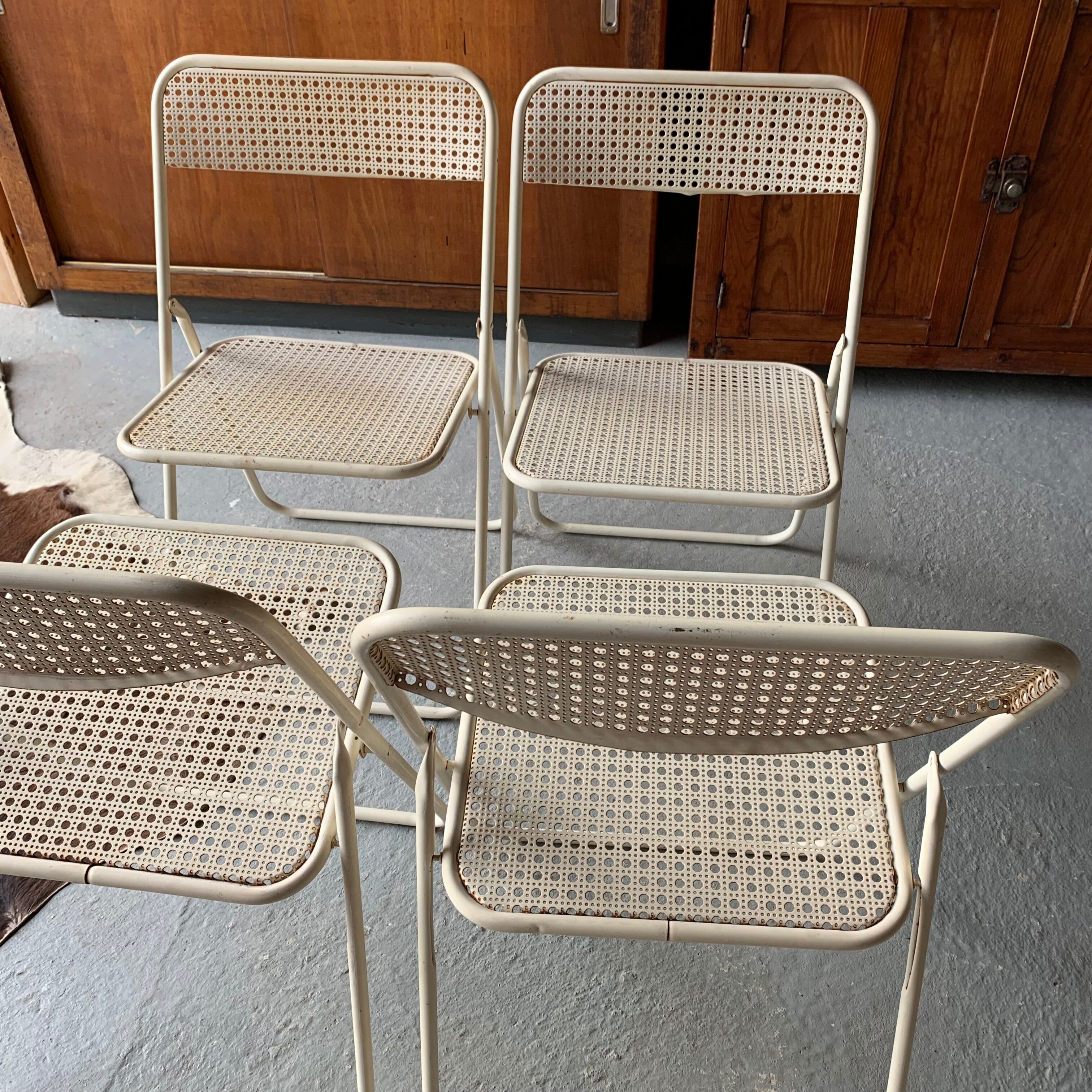 Set folding table and its 4 folding chairs perforated metal cream color - 70s