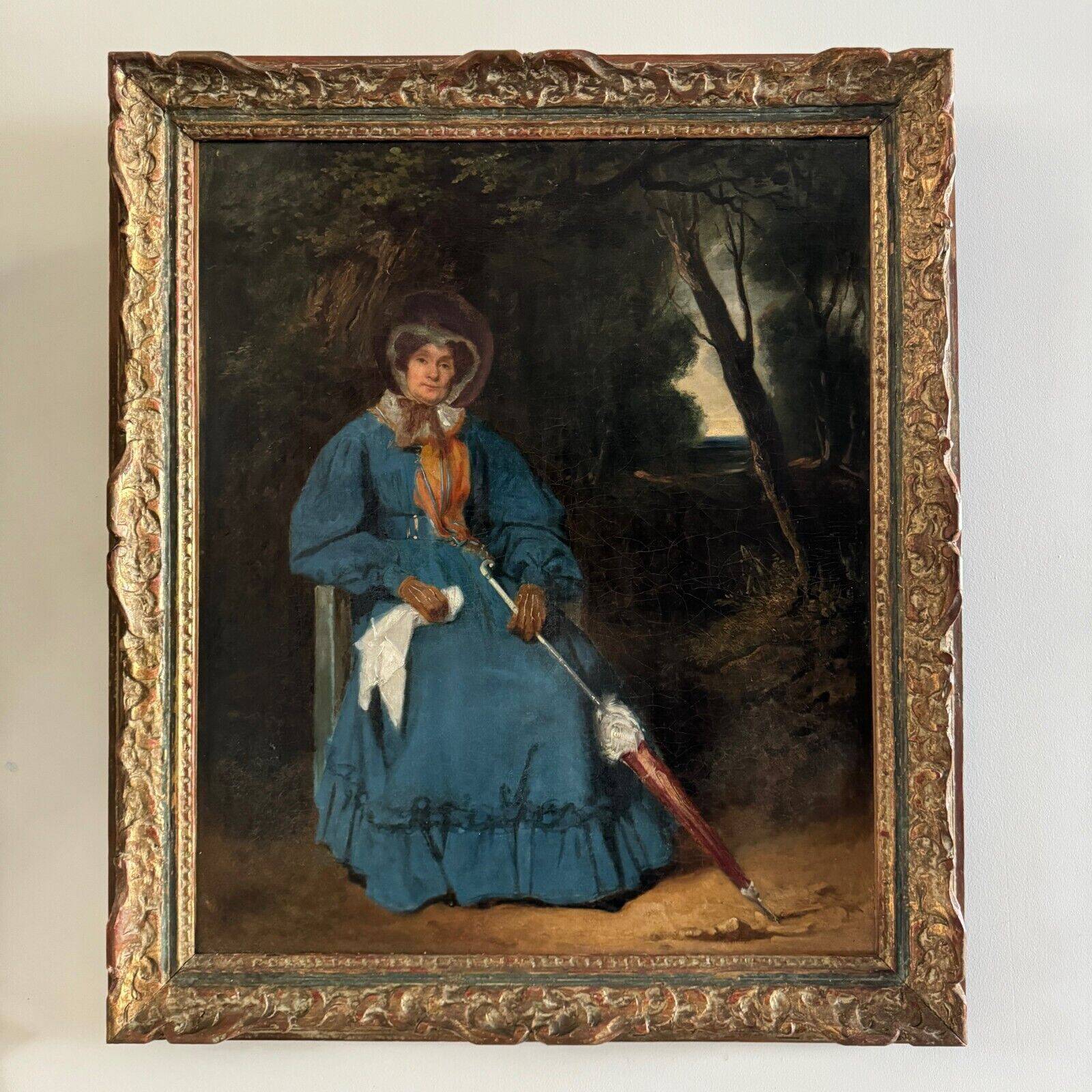 Oil on canvas, woman with umbrella in undergrowth, 19th century