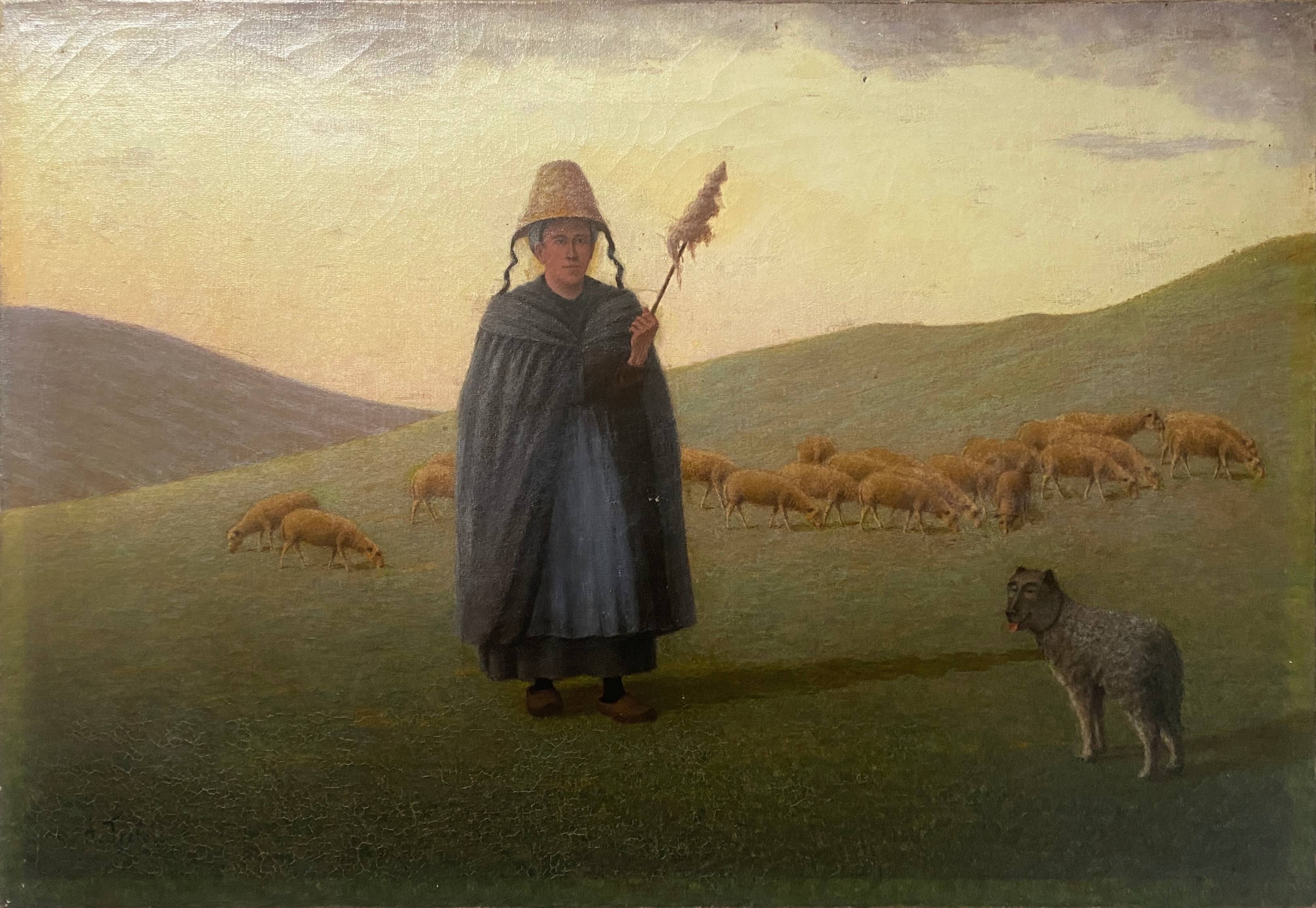 HST painting 19th century Shepherd with sheep and dog in mountain pasture signed A. Treviens