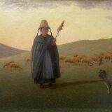 HST painting 19th century Shepherd with sheep and dog in mountain pasture signed A. Treviens