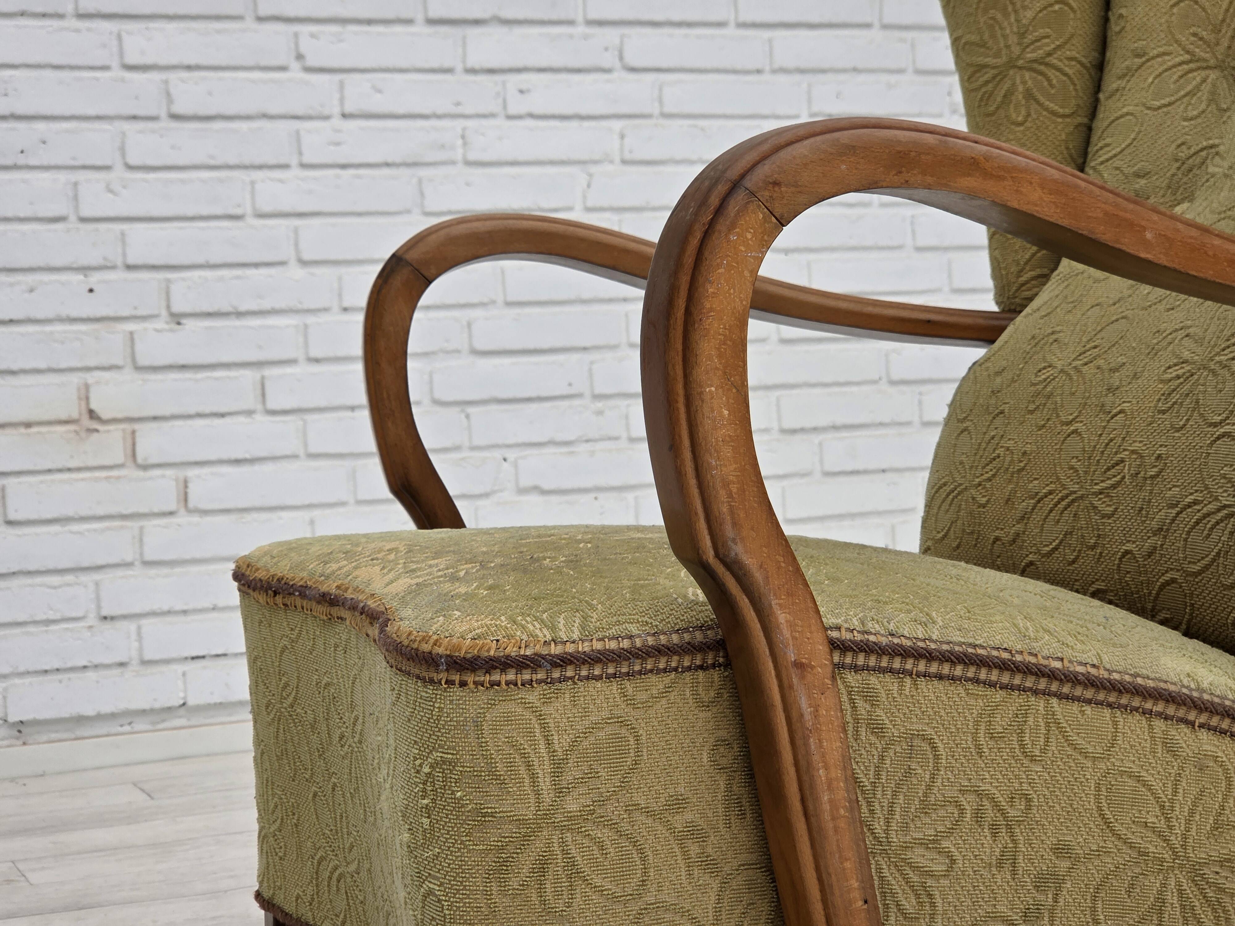 1960s, Danish armchair, light green furniture velour, beech wood.