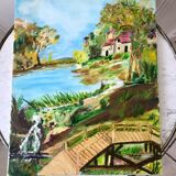 Oil painting on canvas river and pontoon signed