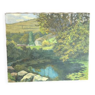 19th century realistic school - HST - Eugène Emile Fauconnier - Landscape with a river