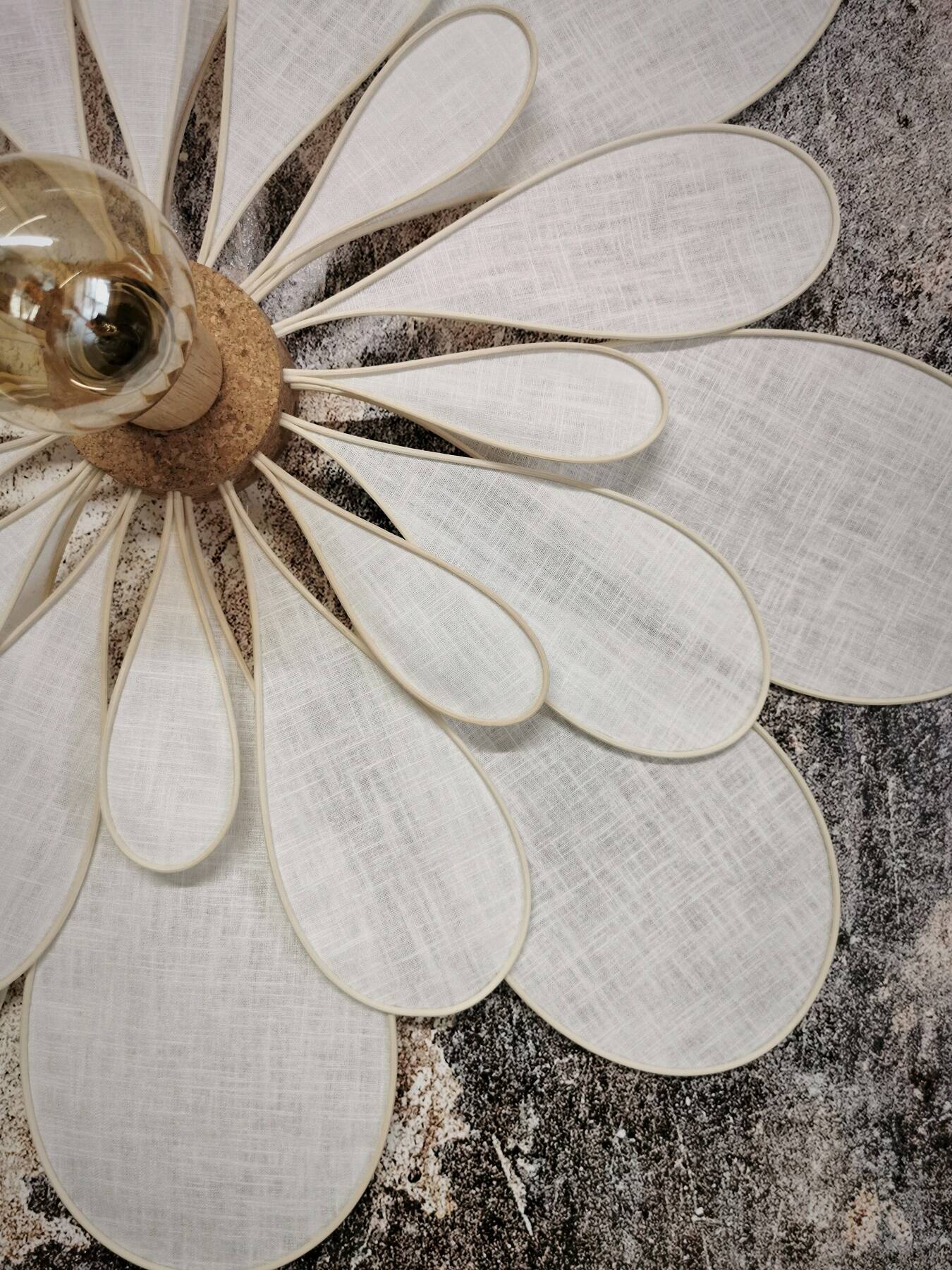24 petal flower wall light in rattan and white linen