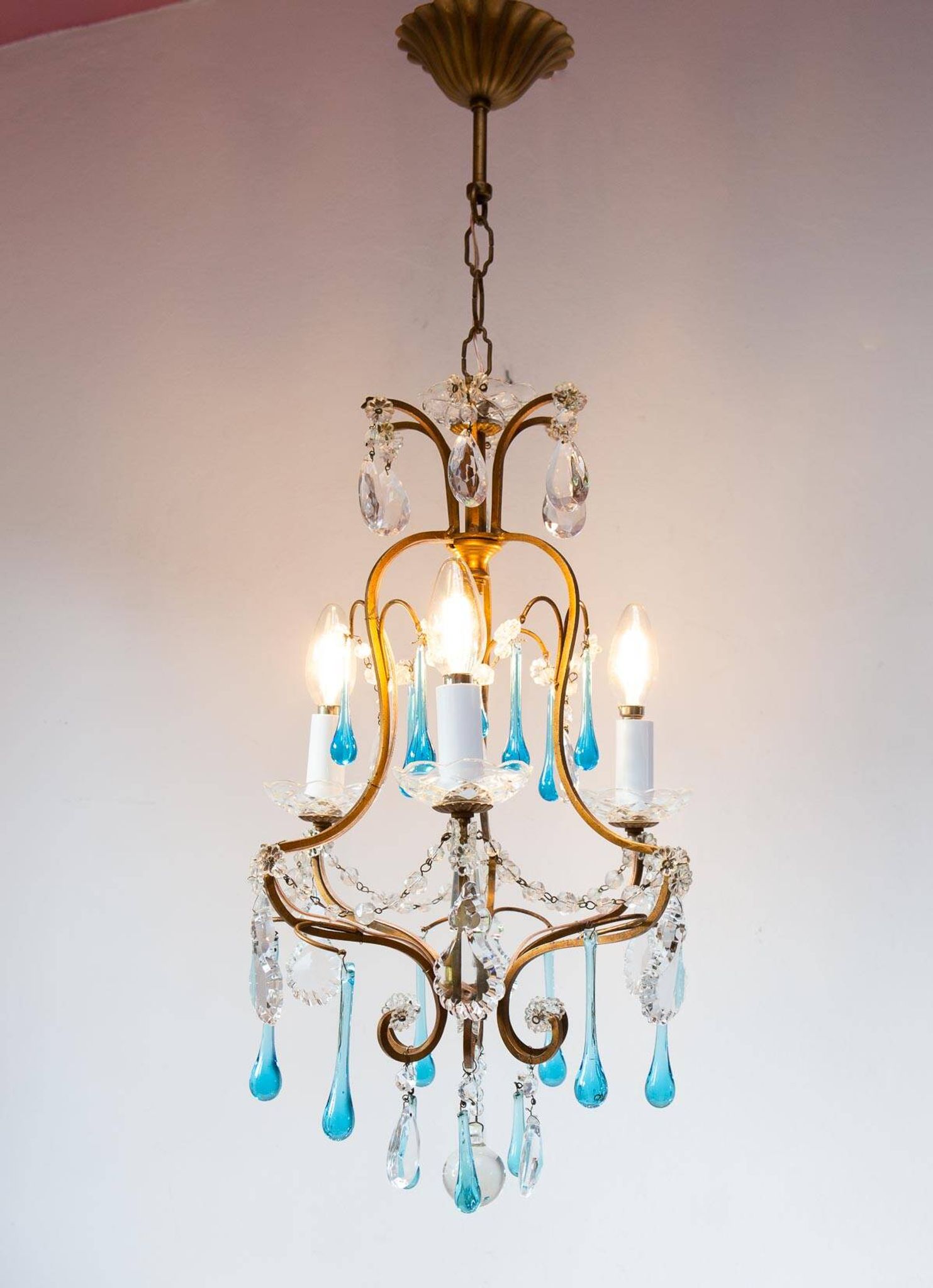 Italian chandelier in gold metal cage with blue drops circa 1960