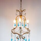 Lustre Italien cage metal doré gouttes bleues vers 1960