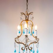 Italian chandelier in gold metal cage with blue drops circa 1960