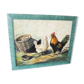 Oil on wood framed and signed Henri Merlet rooster & hen