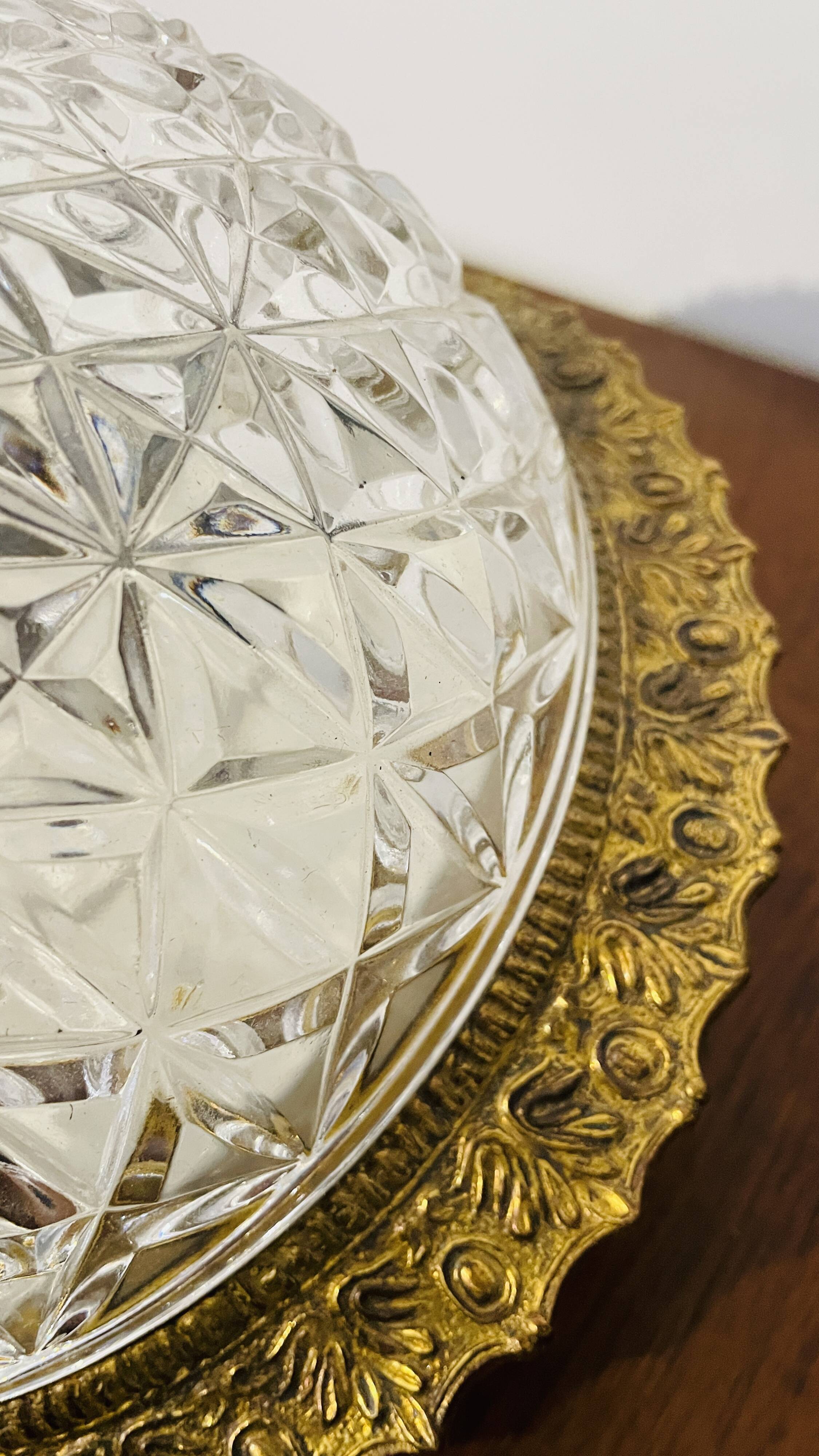 Cut crystal ceiling light with a brass frame