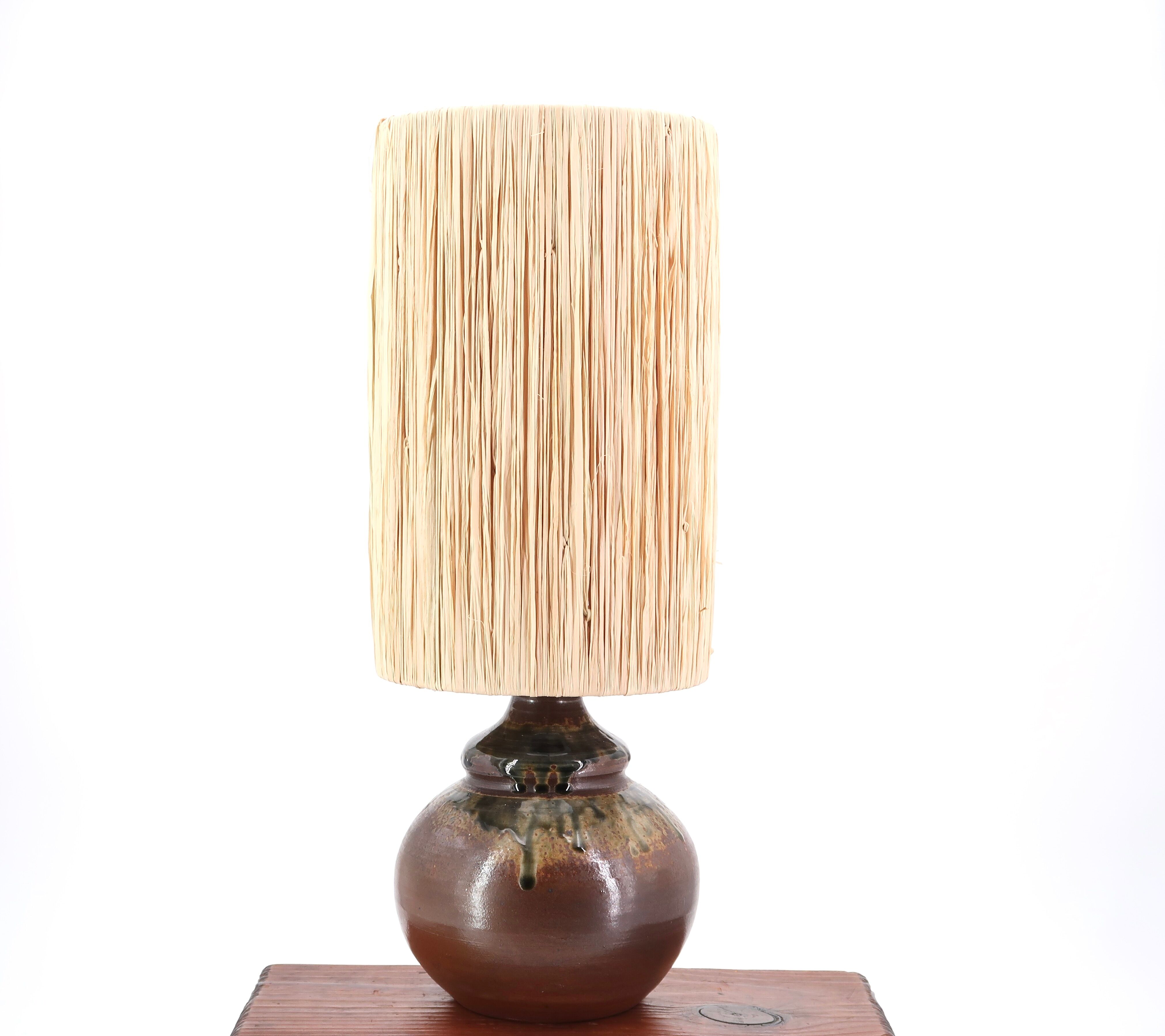Puisaye stoneware lamp, raffia lampshade, 70s