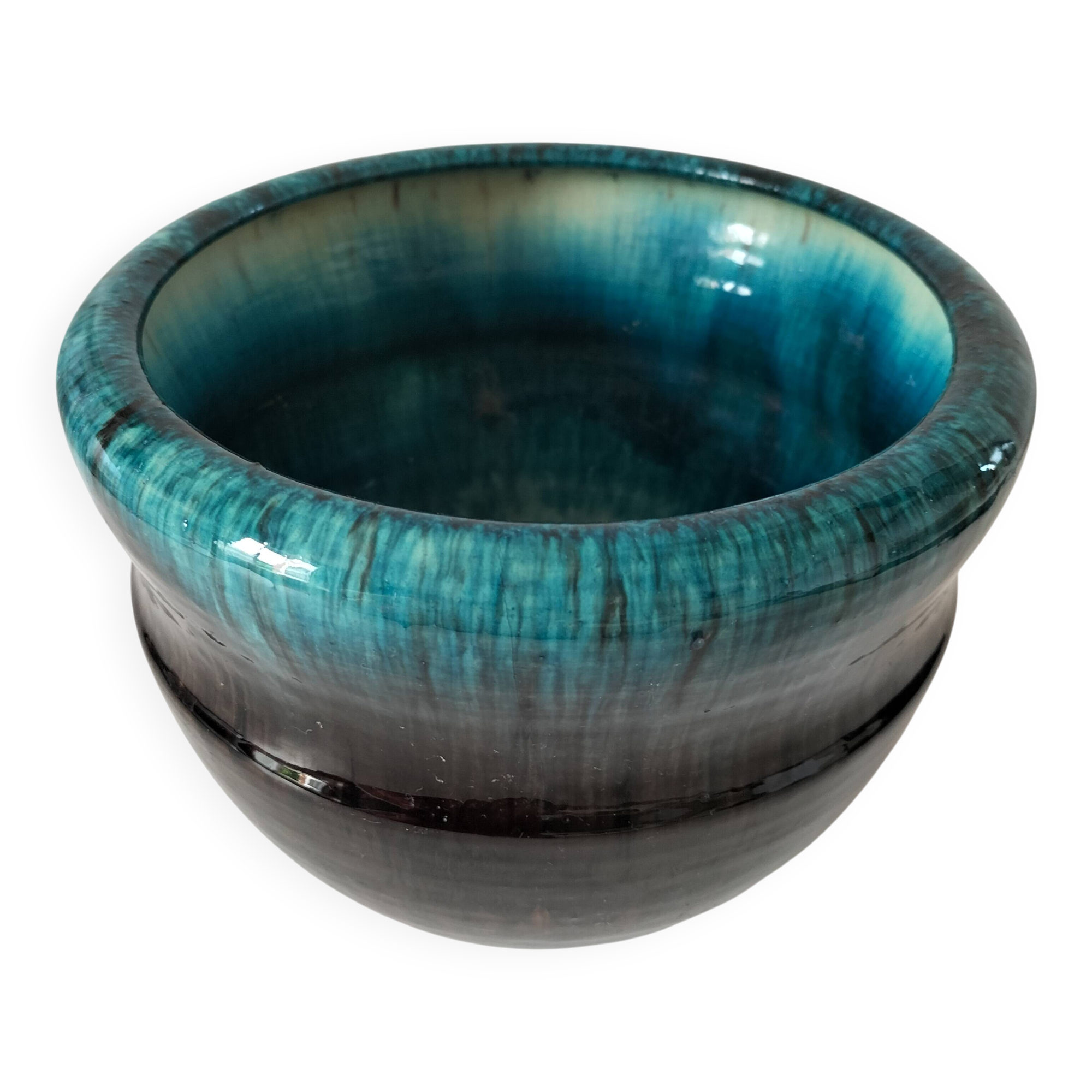 Accolay cache-pot in blue petrol and deep black glazed stoneware.